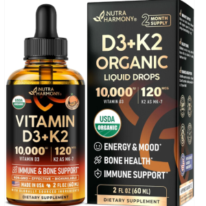 USDA Organic Vitamin D3+K2 Drops - Vitamin D3 10000 IU & K2 as MK-7 120mcg